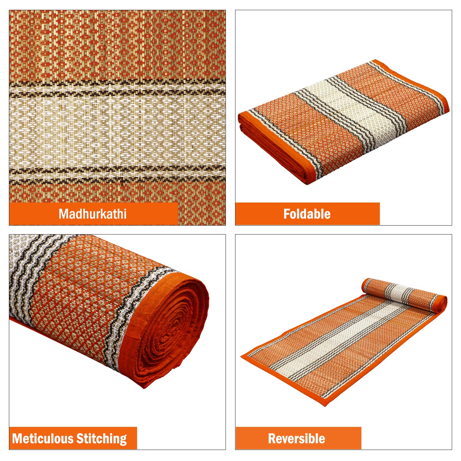 Rectangular Foldable Chatai (Orange, Madurkathi, 6.5X4.5 Feet) - Orange view 4